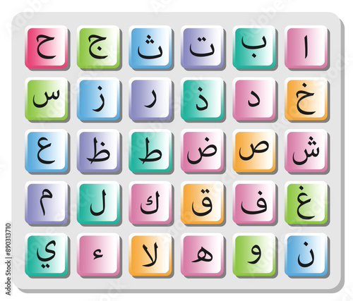 Colorful Arabic Alphabet for School Books, First Words Alphabet Cards for Toddlers Kids, Early Childhood Education. Arabic alphabet education reading, learning. Islamic vector illustration