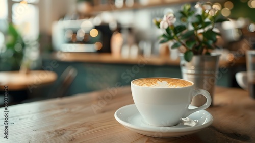 A white coffee cup with a white saucer sits on a wooden table