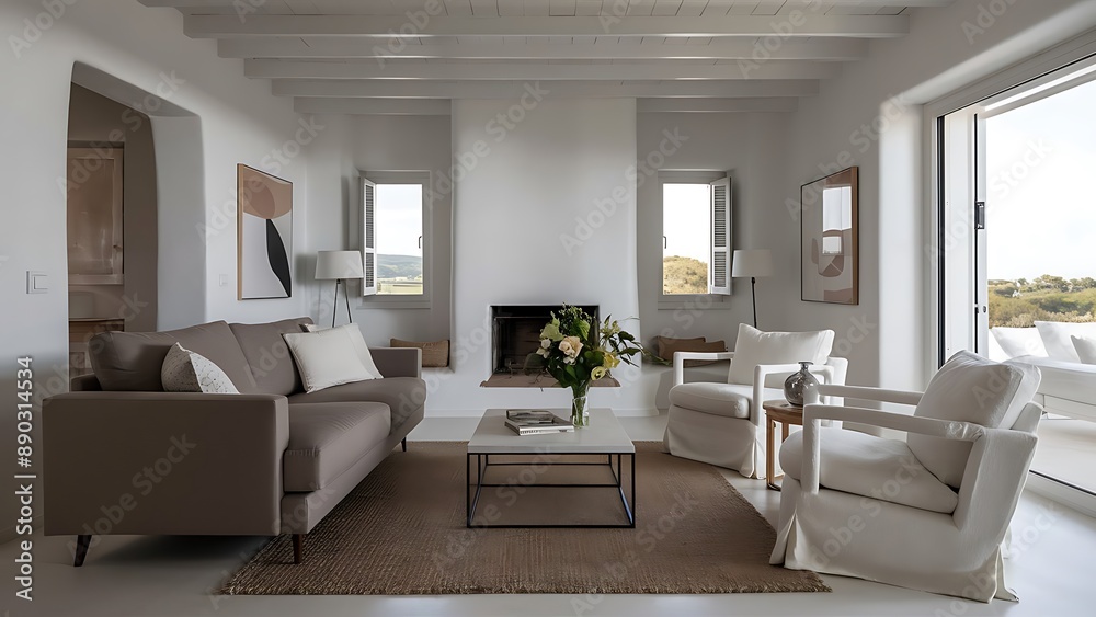 Fototapeta premium White living room with taupe sofa