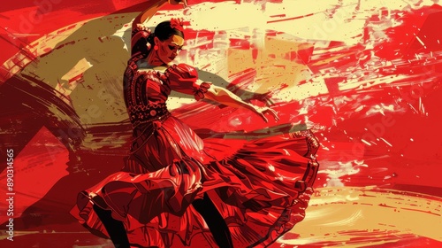 Illustration of a Flamenco dancer with Spain country flag in the background. Spanish culture, vacation, tourism