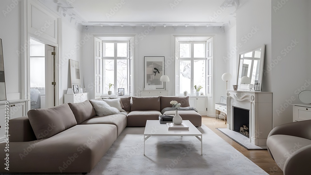 White living room with taupe sofa White living room with taupe sofa