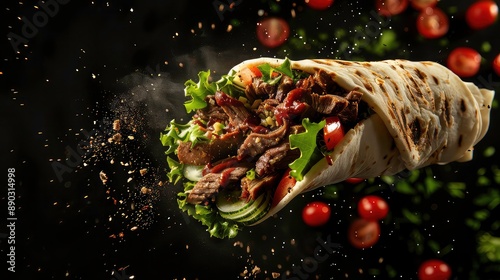 fresh grilled beef turkish or chicken arabic shawarma doner sandwich flying isolated on black background. Generated AI