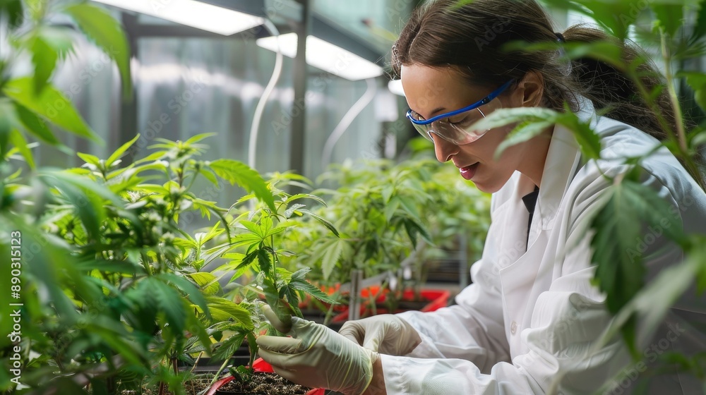 Woman in Lab Coat Examining Cannabis Plants Woman in Lab Coat Examining Cannabis Plants