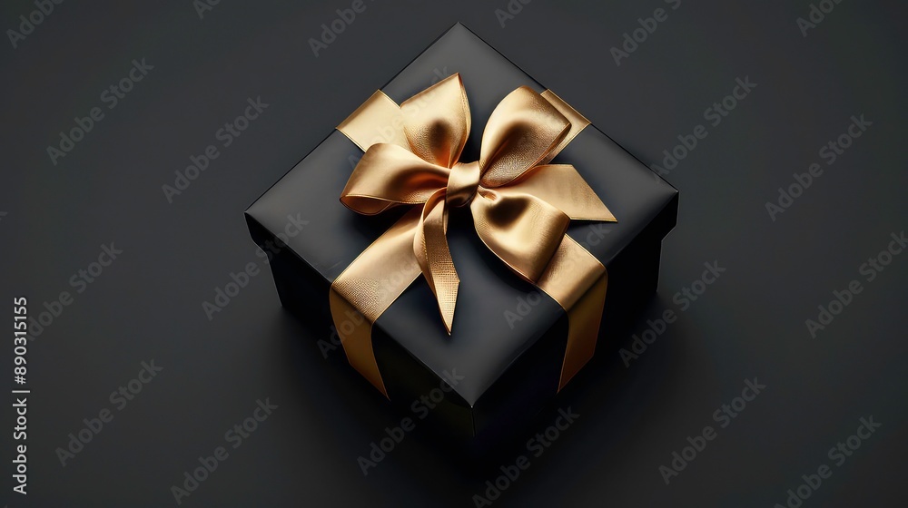 Gift box with golden ribbon bow on black dark background. Generated AI Gift box with golden ribbon bow on black dark background. Generated AI