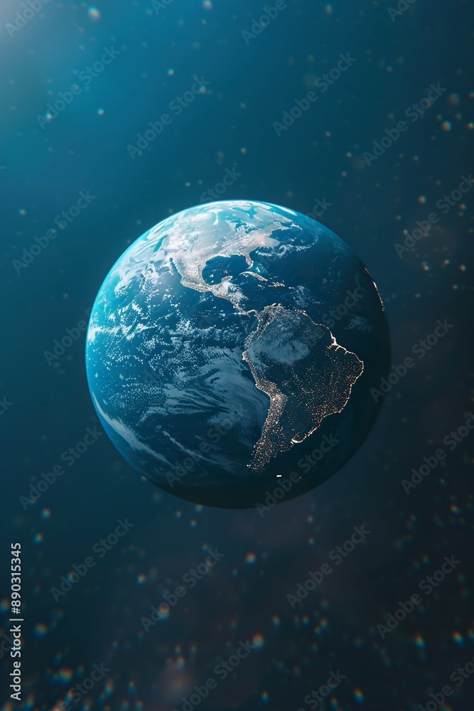 Obraz premium minimalistic logo saying , blue background, earth in background, Hyper-realistic photography, realistic light and shadow, luminous effects, 3D, ue5, Unreal Engine, generative ai