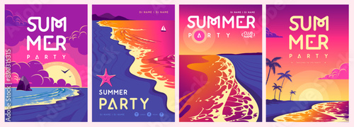 Set of retro summer party posters with ocean waves, beach and starfish. Vector illustration