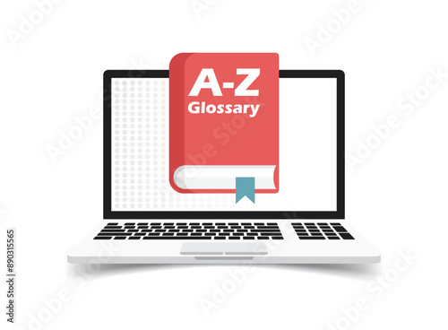 Glossary book with laptop icon in flat style. Guidebook encyclopedia vector illustration on isolated background. A-Z computer sign business concept.
