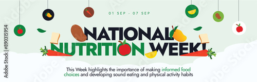 National Nutrition Week banner, background, post. 1 to 7 september Nutritional Week cover banner with hanging stickers, colourful icon of healthy fruits and vegetables. 