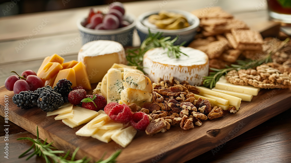 Artisan cheese platter with a selection of cheeses, fruits, nuts, and crackers, arranged on a wooden board, highlighting the variety and presentation Artisan cheese platter with a selection of cheeses, fruits, nuts, and crackers, arranged on a wooden board, highlighting the variety and presentation