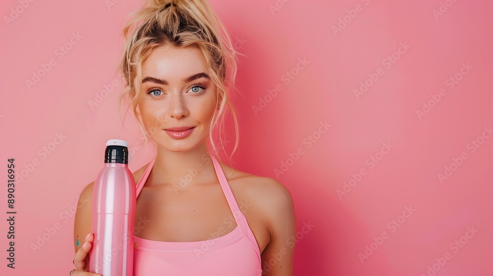 Young sport blonde woman over isolated pink background with sports water bottle. Young sport blonde woman over isolated pink background with sports water bottle.