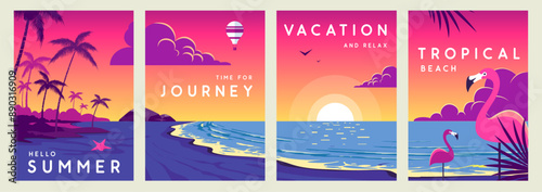 Set of retro summer travel posters with tropical landsape, ocean waves, beach, palm trees and flamingo. Vector illustration