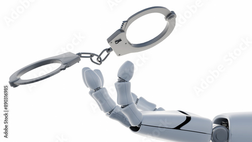 A 3D rendering depicts humanoid robotic hands secured with cuffs, serving as a powerful symbol of digital slavery.