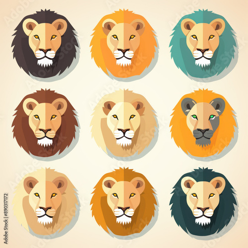 Flat Design Vector Lions Icon Set, Popular Lions Species