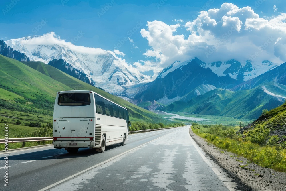 Tourist bus driving through highway blue sky and green medow background Tourist bus driving through highway blue sky and green medow background