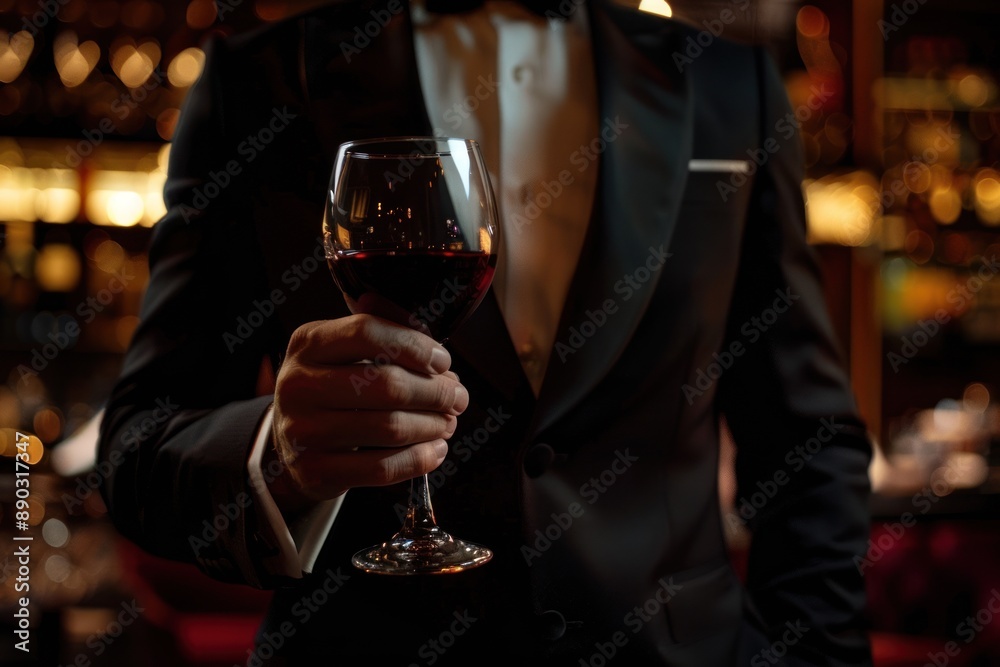 Sophisticated Gentleman sommelier Holding Glass of Red Wine in Elegant Attire