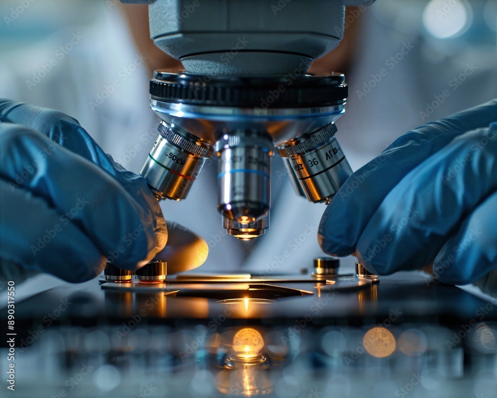 a close up of a microscope with gloves on a close up of a microscope with gloves on