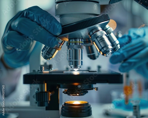 a person in blue gloves is looking through a microscope