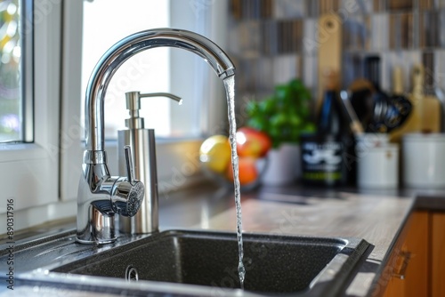 Water flowing from a faucet in the kitchen