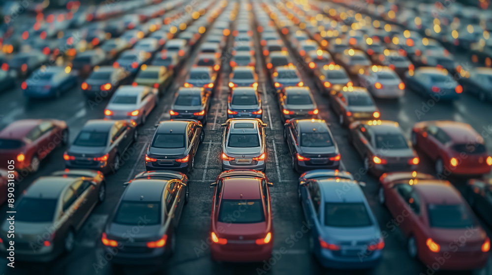 Obraz premium Used car in outdoor parking lot, rental service and dealership concept, automobile parking area with dealer agents.