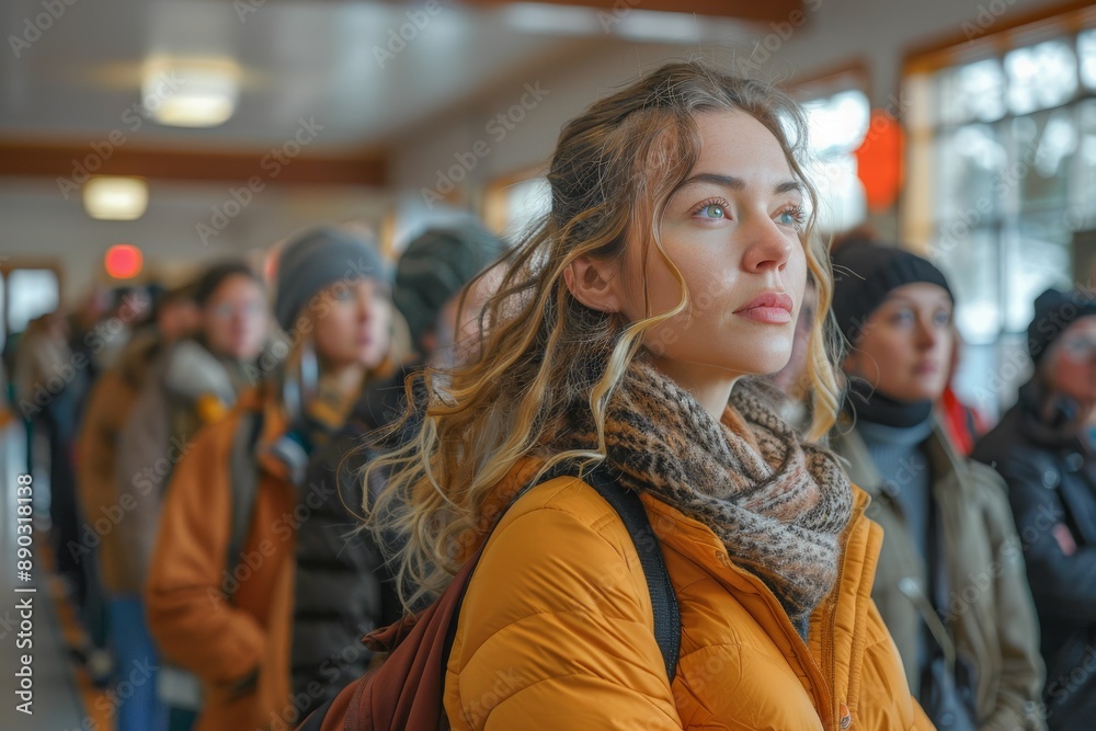 People are standing in line. Portrait of one person against the background of the crowd on the street. Generative AI People are standing in line. Portrait of one person against the background of the crowd on the street. Generative AI