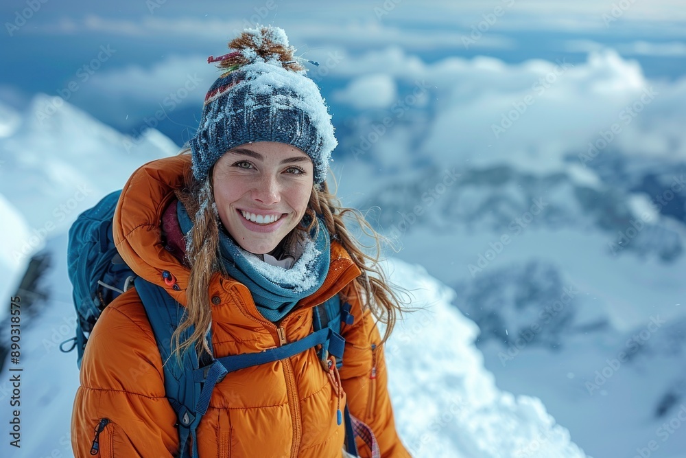 woman climbing Mount Everest. Young fit female climbing a snowy mountain