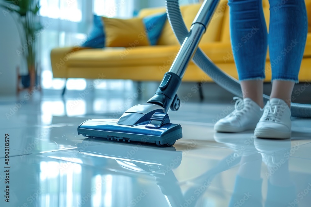 Woman cleaning floor with vacuum cleaner, close up Woman cleaning floor with vacuum cleaner, close up