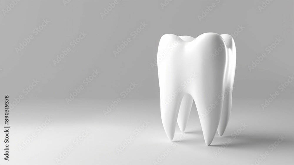 grey background with a 3D illustration of a white tooth. A banner for dentistry with a place for text. grey background with a 3D illustration of a white tooth. A banner for dentistry with a place for text.