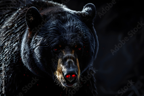 A large black bear stands in the dark with bright red eyes, great for use in scenes where a mysterious or frightening atmosphere is desired photo