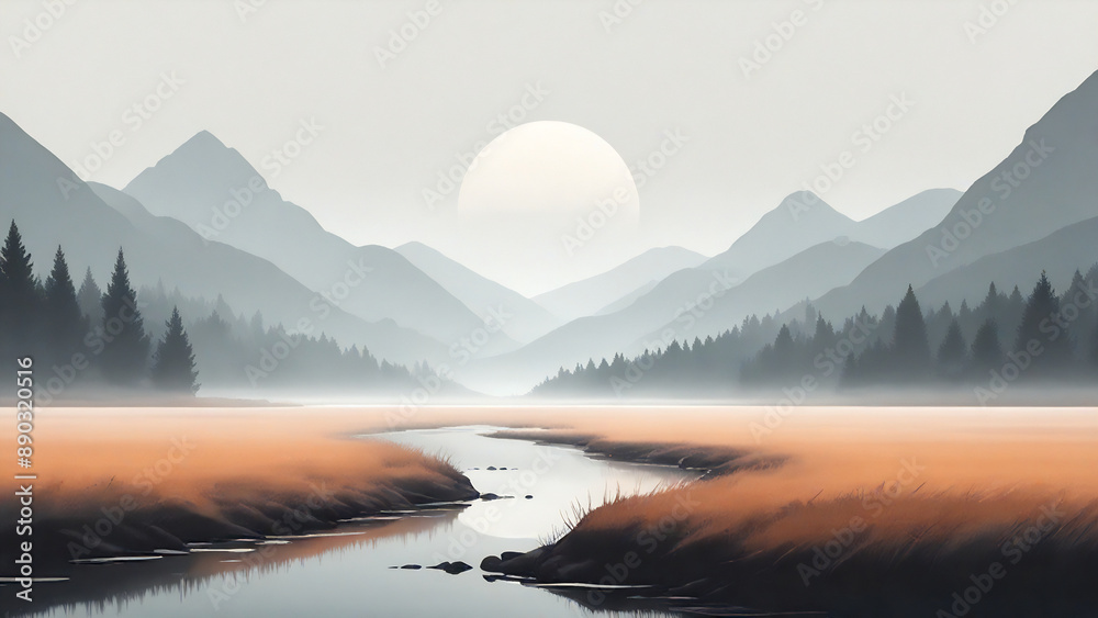 Fototapeta premium Sunrise in the mountains obscured by white morning mist