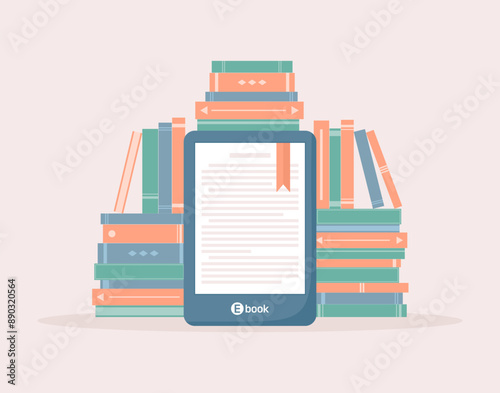E-book reader surrounded by stacks of books, flat vector illustration