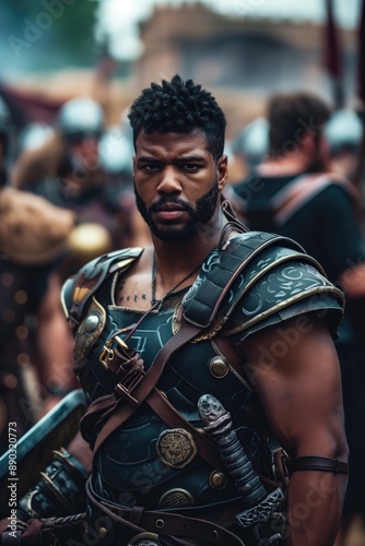 Gladiator in leather armor standing amidst a battalion of soldiers with Roman helmets. Historical reenactment, battle scene, period costume design, military history, heritage festivals.