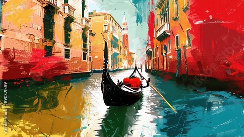 Illustration of a gondola in Venice with Italy country flag in the background. Italian culture, vacation, tourism