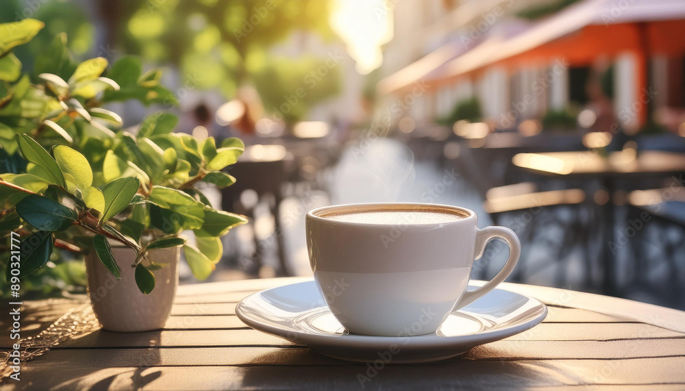 Serene scene with coffee cup on saucer, outdoor table and cafe background. Morning delicious drink. Serene scene with coffee cup on saucer, outdoor table and cafe background. Morning delicious drink.