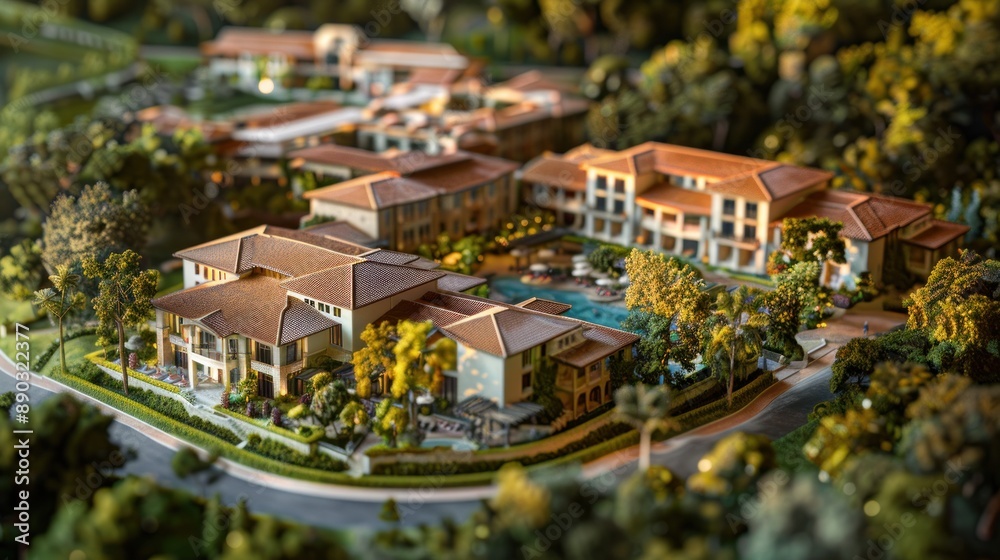 Generate a photo realistic image of a maquette presenting a hotel resort with luxurious accommodations, dining venues, and recreational amenities; ensure the image is of high resolution for clear. Generate a photo realistic image of a maquette presenting a hotel resort with luxurious accommodations, dining venues, and recreational amenities; ensure the image is of high resolution for clear.