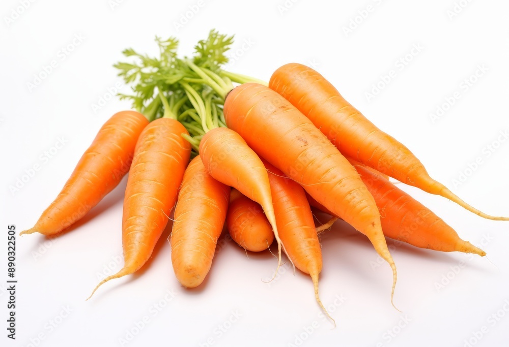 Fresh Carrots with Vibrant Green Tops on White Background Fresh Carrots with Vibrant Green Tops on White Background