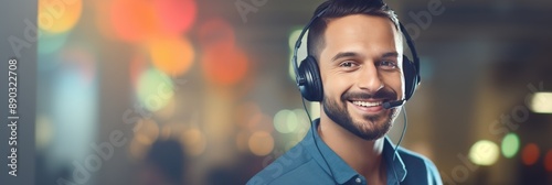 Friendly customer service representative wearing a headset smiles at the camera photo