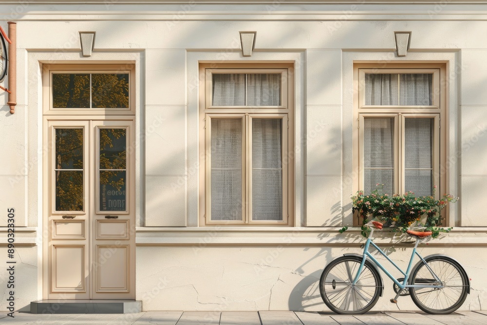 A beige wall with classical window frames and doors in an elegant modern style. A beige wall with classical window frames and doors in an elegant modern style.