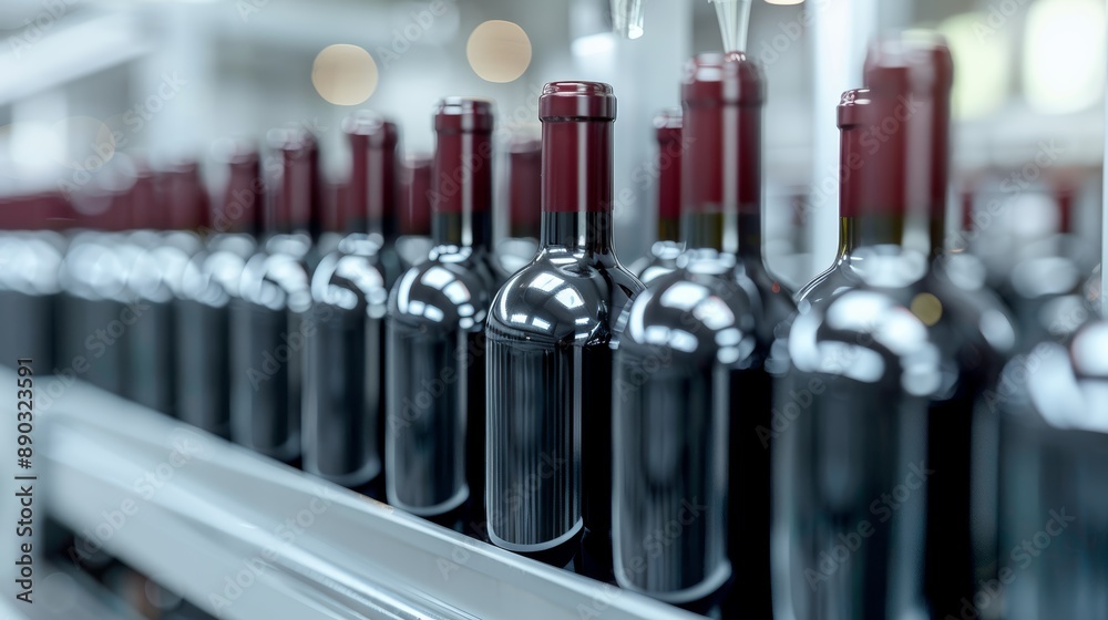Industrial wine bottling line, high-resolution, showcasing automated machinery filling bottles, vibrant factory lighting, sharp focus Industrial wine bottling line, high-resolution, showcasing automated machinery filling bottles, vibrant factory lighting, sharp focus
