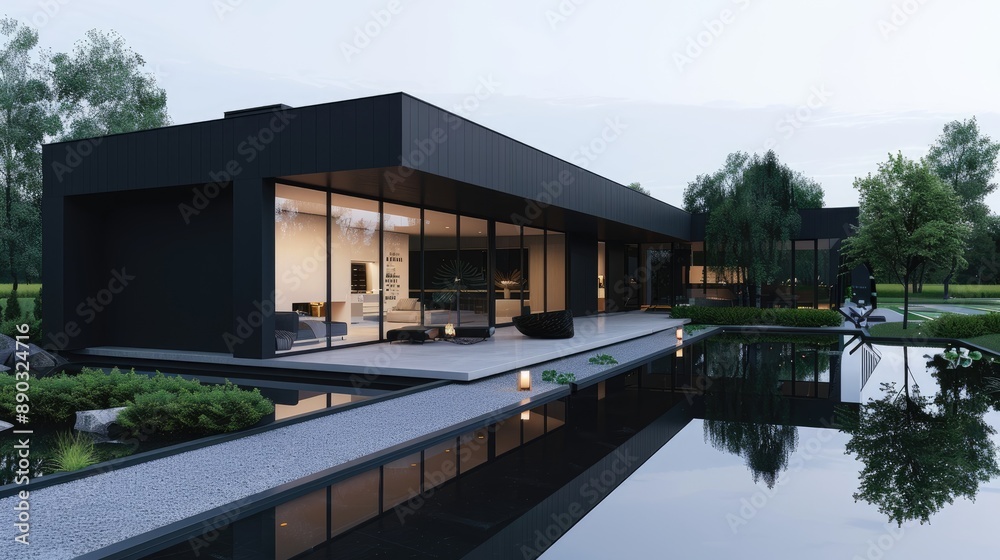 A sleek, black box house with large windows, minimalist landscaping, and a serene reflecting pool. A sleek, black box house with large windows, minimalist landscaping, and a serene reflecting pool.