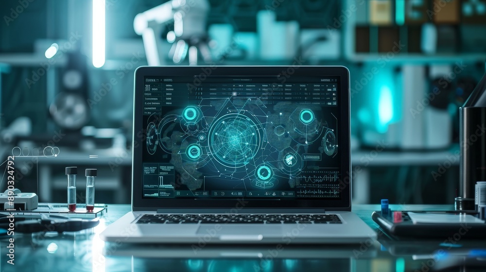 Futuristic laboratory with laptop displaying digital information and test tubes on the side Futuristic laboratory with laptop displaying digital information and test tubes on the side