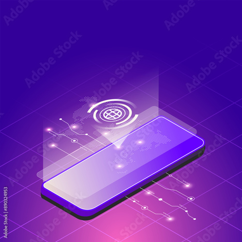 Smartphone isometry in futuristic style. Technology electronic gadgets. Smartphones on techno background