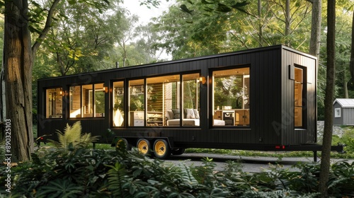 A sleek, black-painted tiny house with large windows, surrounded by a serene forest setting.