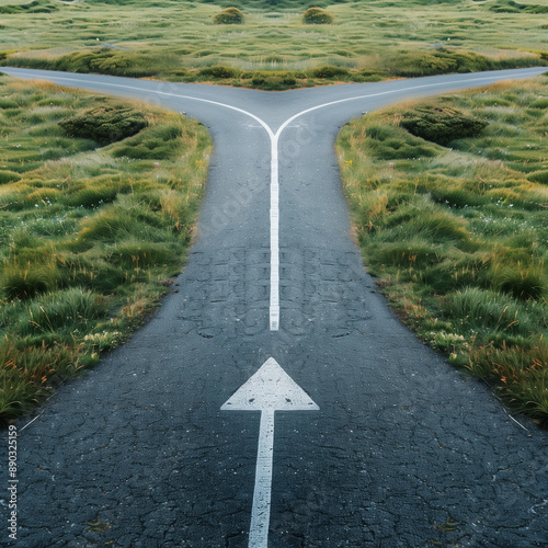 Two diverging paved paths in a green field with a directional arrow.