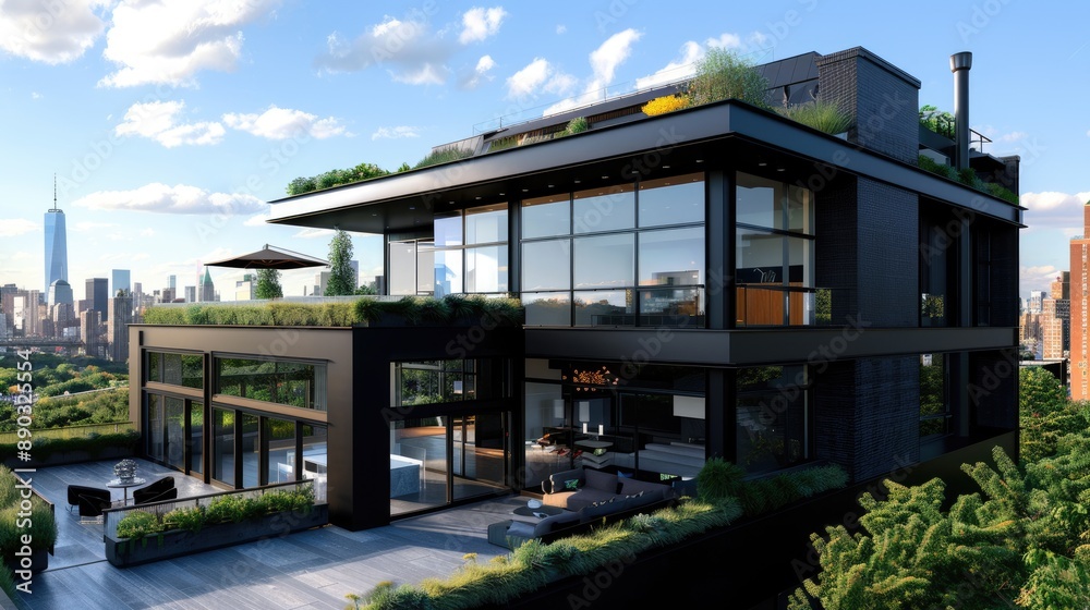 A sleek, contemporary home with a black exterior, large glass windows, and a rooftop garden overlooking the city. A sleek, contemporary home with a black exterior, large glass windows, and a rooftop garden overlooking the city.
