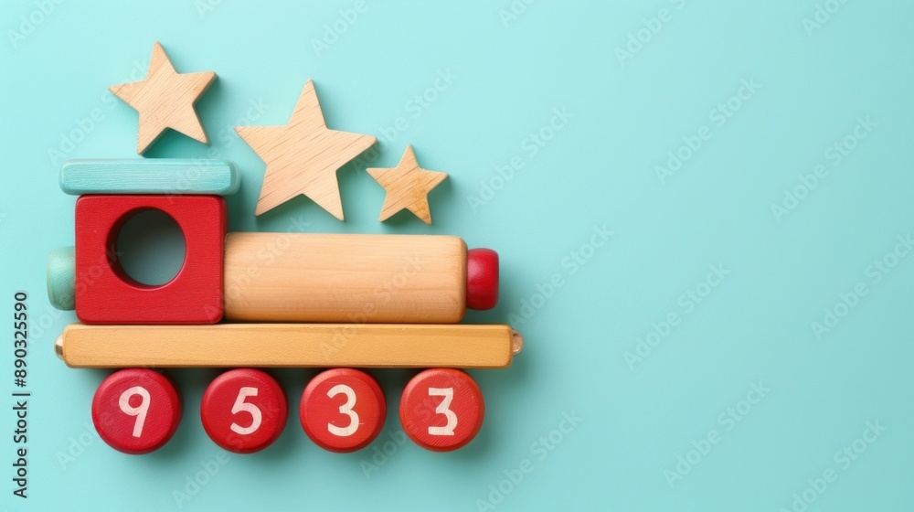 Wooden Toy Train with Numbered Wheels and Stars on a Blue Background Wooden Toy Train with Numbered Wheels and Stars on a Blue Background