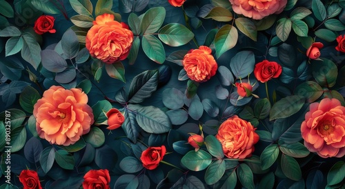 Wallpaper Mural Orange Roses and Green Leaves Against a Dark Blue Background Torontodigital.ca