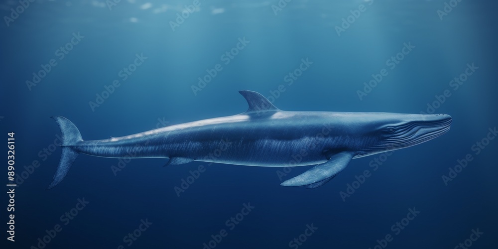 Fototapeta premium Gigantic blue whale glides gracefully through the deep blue ocean waters