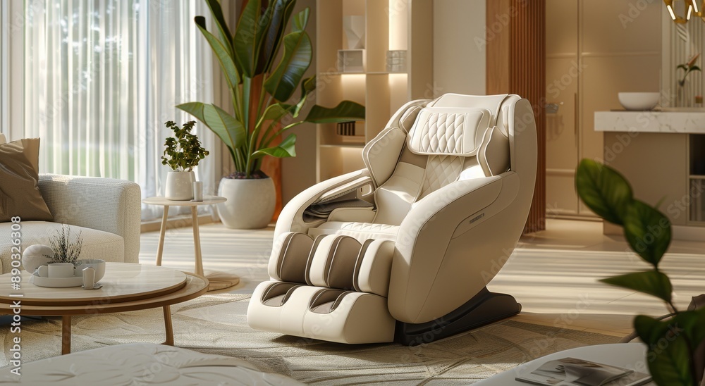 Fototapeta premium Modern White Leather Massage Chair In A Living Room With Natural Light