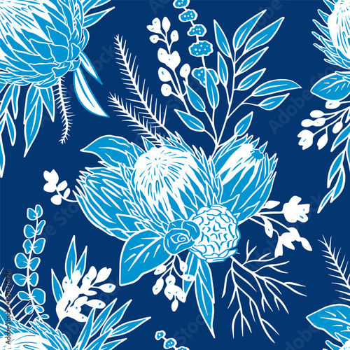 Seamless pattern with protea flowers on blue background. Tropical floral wallpaper.