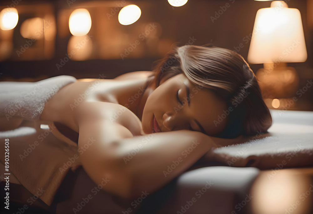 Obraz premium Relaxed young woman lying on massage table in spa salon
